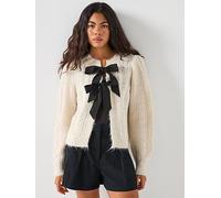 PIECES Long Sleeve O-neck Bow Knit Cardigan, Cream, Size M, Women Cream