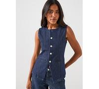 PIECES Long Striped Denim Vest, Blue, Size S, Women Blue