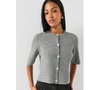 PIECES Round Neck Boxy Short Sleeve Cardigan, Medium Grey Melange, Size L, Women Medium Grey Melange