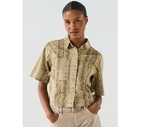 PIECES Salume Short Sleeve Denim Shirt, Cream, Size L, Women Cream