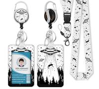 Piefly Lanyards for Id Badges, Badge Holder with Retractable Badge Reel Clip, Art UFO Night Work Card Name Tag Keychain Lanyard Vertical ID Card Protector for Women Nurse Doctor Teacher Student