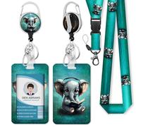 Piefly Lanyards for Id Badges, Cute Elephant Badge Holder with Retractable Heavy Duty Reel Belt Clip, Work Card Name Tag Lanyard Vertical ID Card Protector for Women Nurse Doctor Teacher Student
