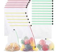 PIEMEET 20 Pack Reusable Produce Bags, Washable Produce Mesh Bags, Durable Vegetable Fruits Bag, See-Through Toy Storage Mesh Bag with Drawstring for Fruits Vegetables Fridge Storage Toys, 3 Sizes