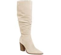 PiePieBuy Womens Faux Suede Knee High Boots Wide Calf Pointed Toe High Chunky Heel Side Zipper Booties, Beige, 5 UK