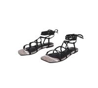 PiePieBuy Womens Lace up Square Toes Flat Sandals with Ankle Strap Summer Criss-Cross Gladiator Shoes, Black, 4.5 UK