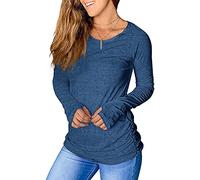 PiePieBuy Women's Thumb Hole T-Shirt Long Sleeve Crew Neck Plain Shirts Casual Ruched Tee Tops, Navy Blue, M