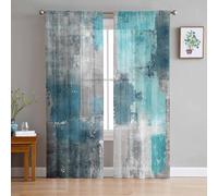 PIEPLE Turquoise Blue Grey Sheer Curtains 84 Inch Length 2 Panels Set for Living Room/Bedroom, Teal Abstract Art Painting Semi Curtain Sheers Drapes Rod Pocket Curtains Window Treatment Set