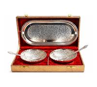 Piepot | German Silver Bowl Set | Pack of 5pc | 2 Bowl, 2 Spoon & Tray Set | Gift Item for Marriage | Beautiful Gold Box