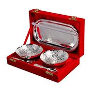 Piepot | German Silver Bowl Set | Pack Of 5Pc | 2 Bowl, 2 Spoon & Tray Set | Gift Item For Marriage | Serving Set For Sweets, Dryfruits, 60 milliliter
