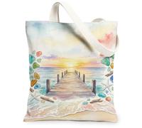 Pier Canvas Tote Bag for Women, Summer Coastal Sunset Starfish Summer Blue Washable Reusable Everyday Tote Bag Ideas for Fa, Blue, 13x15 Inch