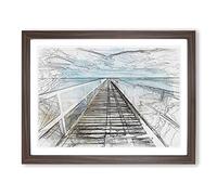 Pier Leading To The Ocean In Abstract Modern Art Framed Print | A4 Walnut Framed Wall Art | Ready to Hang | Abstract Nautical Picture | Living Room Bedroom Lounge Office