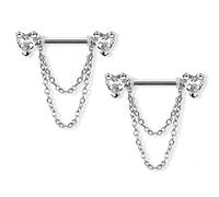 Pierced Owl 14GA 316L Stainless Steel CZ Crystal Hearts with Double Dangling Chains Nipple Barbells, Sold as a Pair, Metal, cubic zirconia