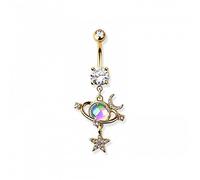 Pierced Owl 14GA 316L Stainless Steel CZ Crystal Orbiting Planet with Crescent Moon and Stars Dangling Belly Button Ring, Metal, cubic zirconia