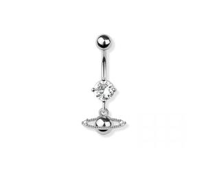 Pierced Owl 14GA 316L Stainless Steel CZ Crystal Saturn Planet Dangling Belly Button Ring (Silver Tone)