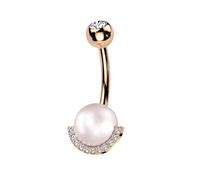 Pierced Owl 14GA 316L Stainless Steel Synthetic Pearl with Half CZ Crystal Edge Belly Button Ring, Metal, cubic zirconia