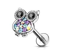 Pierced Owl - 16GA Internally Threaded Multi Colored CZ Crystal Owl Lip Cartilage Ear Stud, 6mm or 8mm x 7.5mm x 9mm, Metal, cubic-zirconia