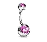 PiercedOff 316L Surgical Stainless Steel 10mm Belly Bar with Externally Threaded Pink CZ Jewelled Balls