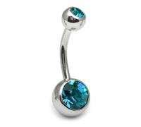 PiercedOff 316L Surgical Stainless Steel 10mm Belly Bar with Externally Threaded Turquoise Jewelled CZ Balls
