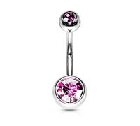PiercedOff 316L Surgical Stainless Steel 8mm Belly Bar with Externally Threaded Pink Jewelled CZ Balls