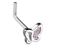 PiercedOff 316L Surgical Steel 0.8mm L-Bend Nose Stud with a Pink CZ Butterfly Head