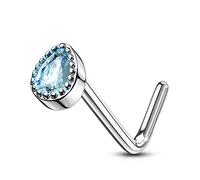 PiercedOff 316L Surgical Steel 0.8mm L-Bend Nose Stud with Aqua CZ Tear Drop Top