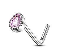 PiercedOff 316L Surgical Steel 0.8mm L-Bend Nose Stud with Pink CZ Tear Drop Top