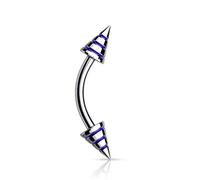 PiercedOff 316L Surgical Steel 1.2mm Curved Barbell with a 3x4mm Blue Stripes Spike Head - Length 8mm