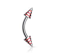 PiercedOff 316L Surgical Steel 1.2mm Curved Barbell with a 3x4mm Red Stripes Spike Head - Length 8mm