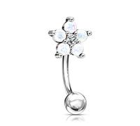 PiercedOff 316L Surgical Steel 1.2mm Curved Barbell with a Clear CZ Centre and a White Synthetic Opal Glitter Flower - Length 8mm