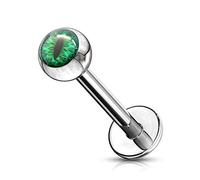 PiercedOff 316L Surgical Steel 8mm Labret with Green Snake Eye Ball
