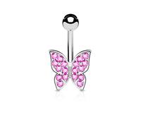 PiercedOff 316L Surgical Steel Belly Bar with 12mm Pink CZ Butterfly - Bar Length 10mm