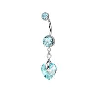 PiercedOff 316L Surgical Steel Belly Bar with 2 Aqua CZ Balls and a Heart Shaped Crystal