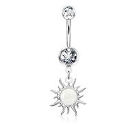 PiercedOff 316L Surgical Steel Belly Bar with 2 Clear CZ Gems and a Tribal Sun with Imitation White Opal Glitter Dangle
