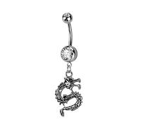 PiercedOff 316L Surgical Steel Belly Bar with 2 CZ Gems and a Dragon Dangle