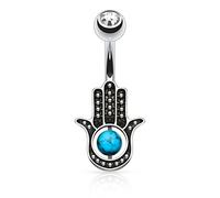 PiercedOff 316L Surgical Steel Belly Bar with a Hamsa Hand, a Clear CZ Gem and a Turquoise Stone