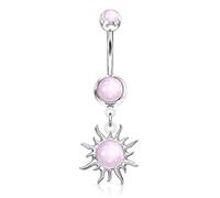 PiercedOff 316L Surgical Steel Belly Bar with a Pink Epoxy Stone and a Tribal Sun Dangle