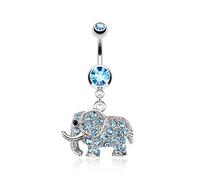 PiercedOff 316L Surgical Steel Belly Bar with Aqua CZ Elephant Dangle