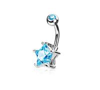 PiercedOff 316L Surgical Steel Belly Bar with Aqua Double Gemmed 7mm Solitaire Star - Thickness 14GA (1.6mm) / Length 10mm / Top Ball 5mm an Star Size 7mm