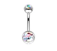 PiercedOff 316L Surgical Steel Belly Bar with Aurora Borealis CZ Gem Balls - Bar Thickness 14GA (1.6mm) / Bar Length 11mm / Ball Sizes 5mm Top Ball and 8mm Bottom Ball