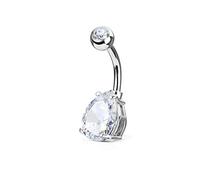 PiercedOff 316L Surgical Steel Belly Bar with Clear Double Gemmed 7mm Solitaire Teardrop - Thickness 14GA (1.6mm) Length 10mm / Top Ball is 5mm and 7mm Tear Drop