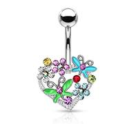 PiercedOff 316L Surgical Steel Belly Bar with Crystal Butterfly's and Flowers on a Heart - - Thickness 14GA (1.6mm) / Length 10mm / Ball Size 5mm and Butterfly Size is 16mm