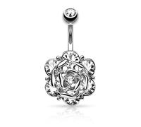 PiercedOff 316L Surgical Steel Belly Bar with Flower with Six Gems and Centre CZ - Thickness 14GA (1.6mm) / Length 10mm / Ball Size 5mm Top and Lower Flower 14mm