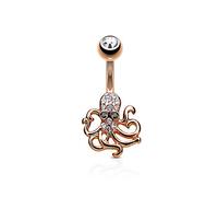PiercedOff 316L Surgical Steel Belly Bar with Rhodium Plated Rose Gold Tone Brass and Clear CZ Octopus - Thickness 14GA (1.6mm) / Length 10mm / Ball Size 5mm / Octopus 10 x 11mm