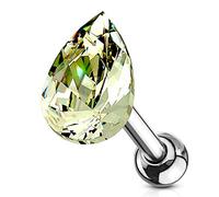 PiercedOff 316L Surgical Steel Cartilage Barbell with a Green Tear Drop Crystal