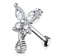 PiercedOff 316L Surgical Steel Cartilage Barbell with Clear CZ Butterfly with tear Drop Dangle - Thickness 16GA (1.2mm) / Length 6mm / Ball Size 3mm / Butterfly 7 x 5.5mm