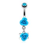 PiercedOff 316L Surgical Steel Dangle Belly Bar with 2 Aqua Metal Roses