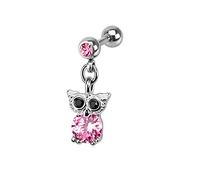 PiercedOff 316L Surgical Steel Externally Threaded 1.2mm Cartilage Barbell with Pink CZ Owl Dangle