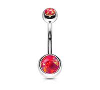 PiercedOff 316L Surgical Steel Externally Threaded Belly Bar with 2 Red Synthetic Opal Balls - Thickness 14GA (1.6mm) / Length 10mm / Ball Sizes 5mm Top and 8mm Bottom