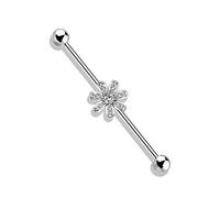 PiercedOff 316L Surgical Steel Externally Threaded Clear CZ Paved Flower Industrial Barbells - Thickness 14GA (1.6mm) / Length 38mm / Ball Size 5mm