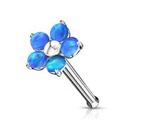 PiercedOff 316L Surgical Steel Flower Nose Bone Stud with 5 Blue Synthetic Opal Petals - Thickness 20GA (0.8mm) / Length 6mm / Flower Size 5mm